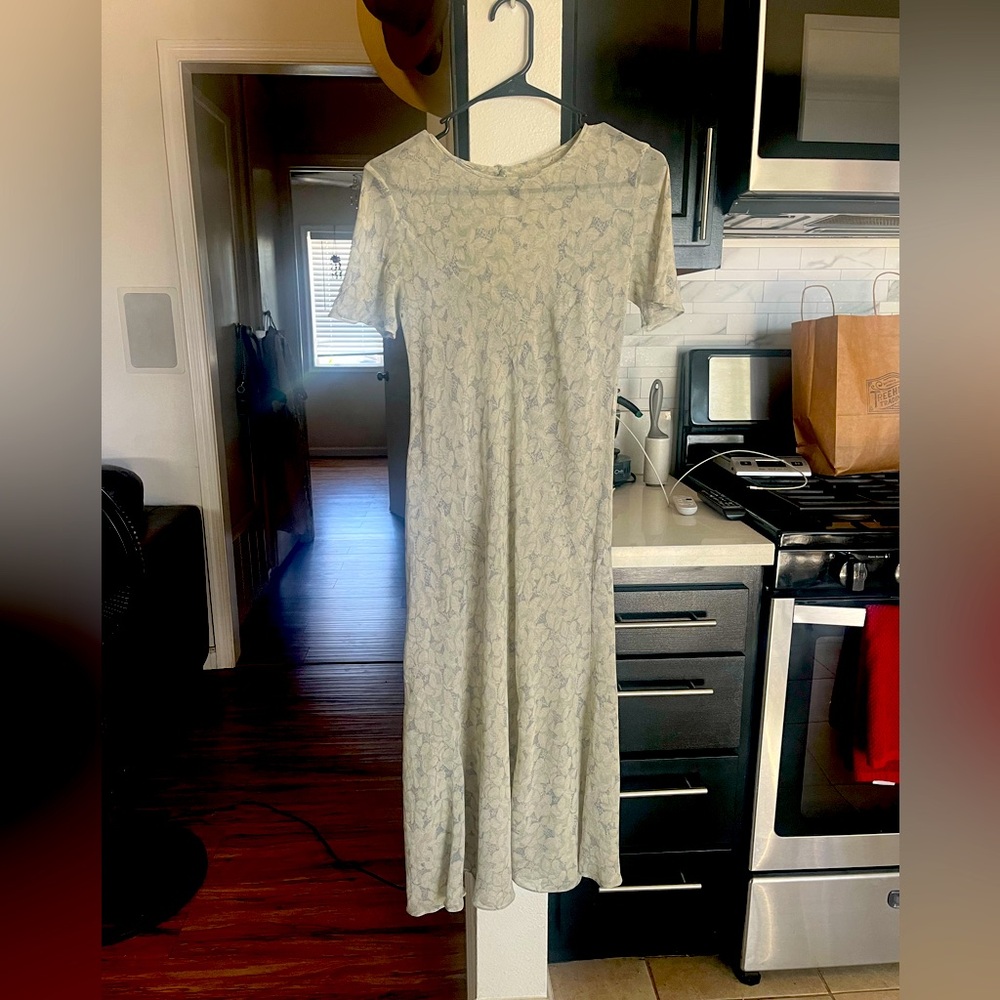 Vintage Sheer Maxi Dress Cottage Floral Green Small Sundress Short Sleeve